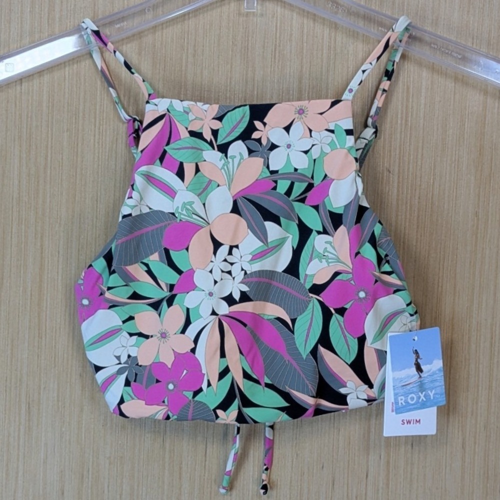 Roxy Beach Classic Full Crop Top Floral Swim Bikini Top Size M Black Multi Beach